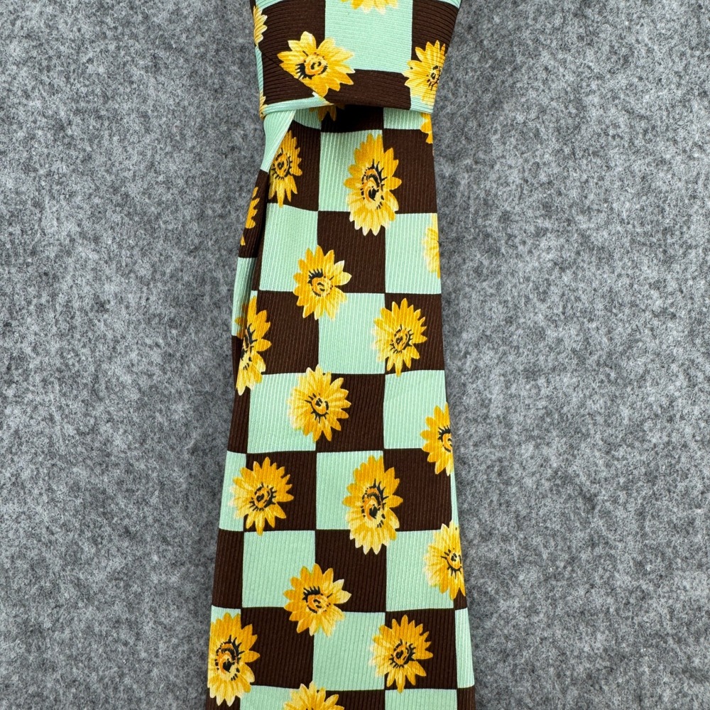 Banana Republic Tie Mens OS Sunflower Checkered Green Brown Silk EUC